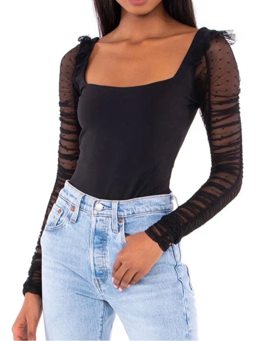 Free People Must Be Love Bodysuit Mesh Ruched Sleeve Square Neck in Black L